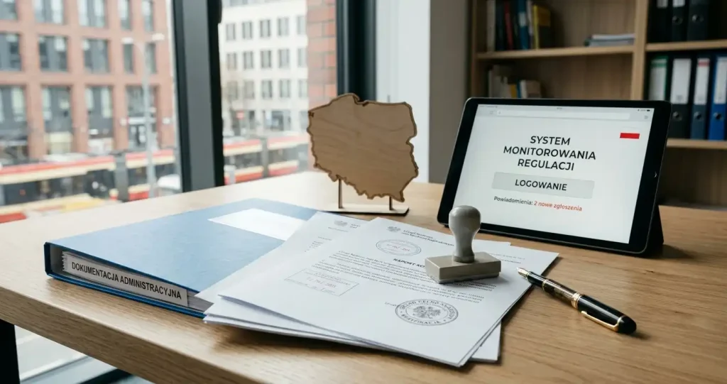 Dokumenty licencyjne kasyna obok mapy Polski i symbolu kontroli regulacyjnej