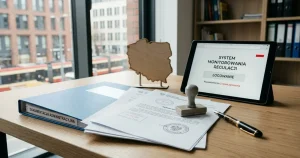 Dokumenty licencyjne kasyna obok mapy Polski i symbolu kontroli regulacyjnej