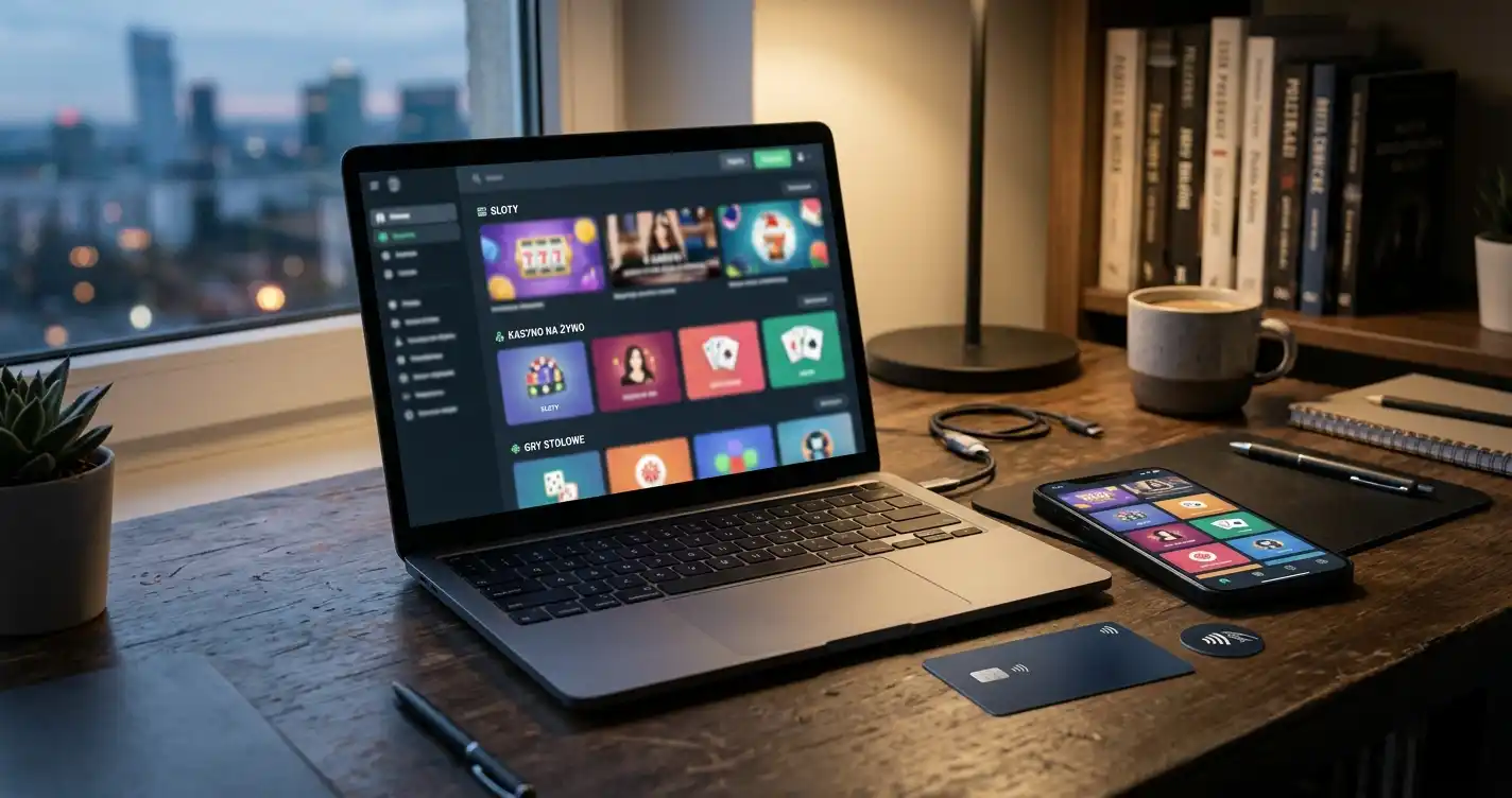 Laptop i telefon z neutralnym widokiem biblioteki gier oraz symbolami płatności na biurku