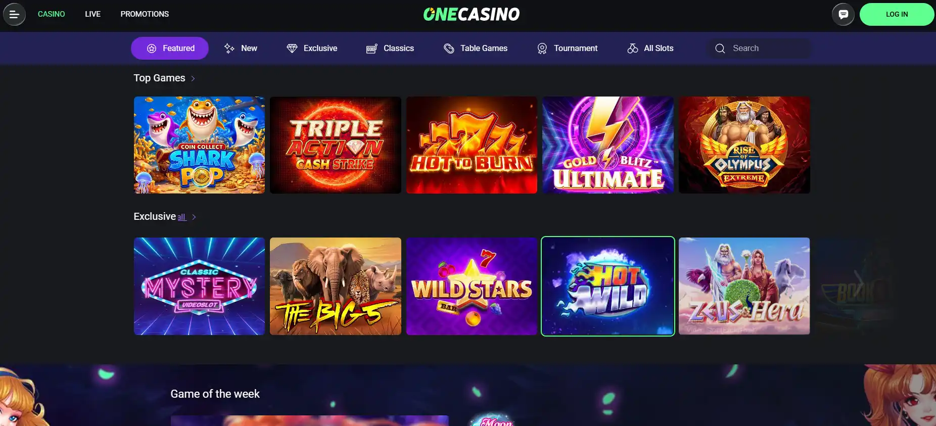 Zrzut ekranu publicznego katalogu gier OneCasino z kafelkami automatów i oznaczeniami dostawców