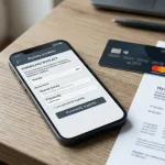 Telefon z ekranem wypłaty obok karty płatniczej i wyciągu bankowego