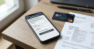 Telefon z ekranem wypłaty obok karty płatniczej i wyciągu bankowego
